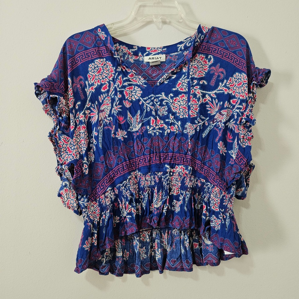 Ariat Womens Blue‎ Floral Bird Print Smocked Peplum Ruffle Sleeve Blouse Size M